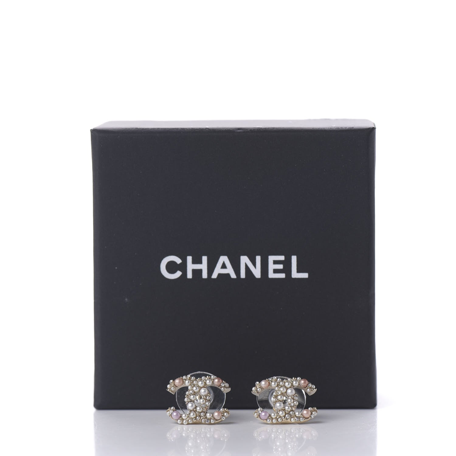 Chanel Pearl Crystal CC Charms Stud Earrings Light Gold Pink 5 of 5