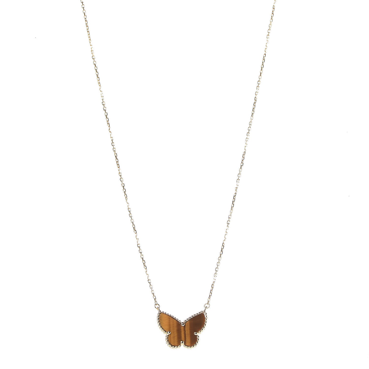 Van Cleef & Arpels 18K Yellow Gold Tiger Eye Lucky Alhambra Butterfly Pendant Necklace 1 of 8