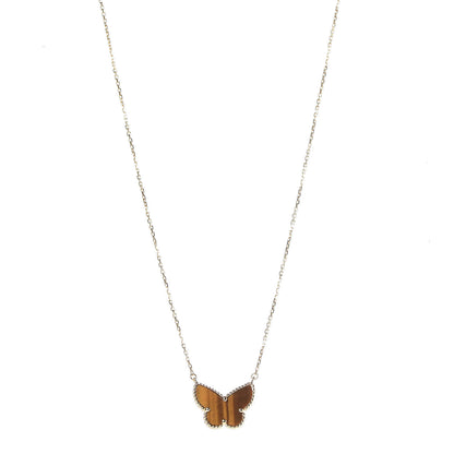 Van Cleef & Arpels 18K Yellow Gold Tiger Eye Lucky Alhambra Butterfly Pendant Necklace 1 of 8