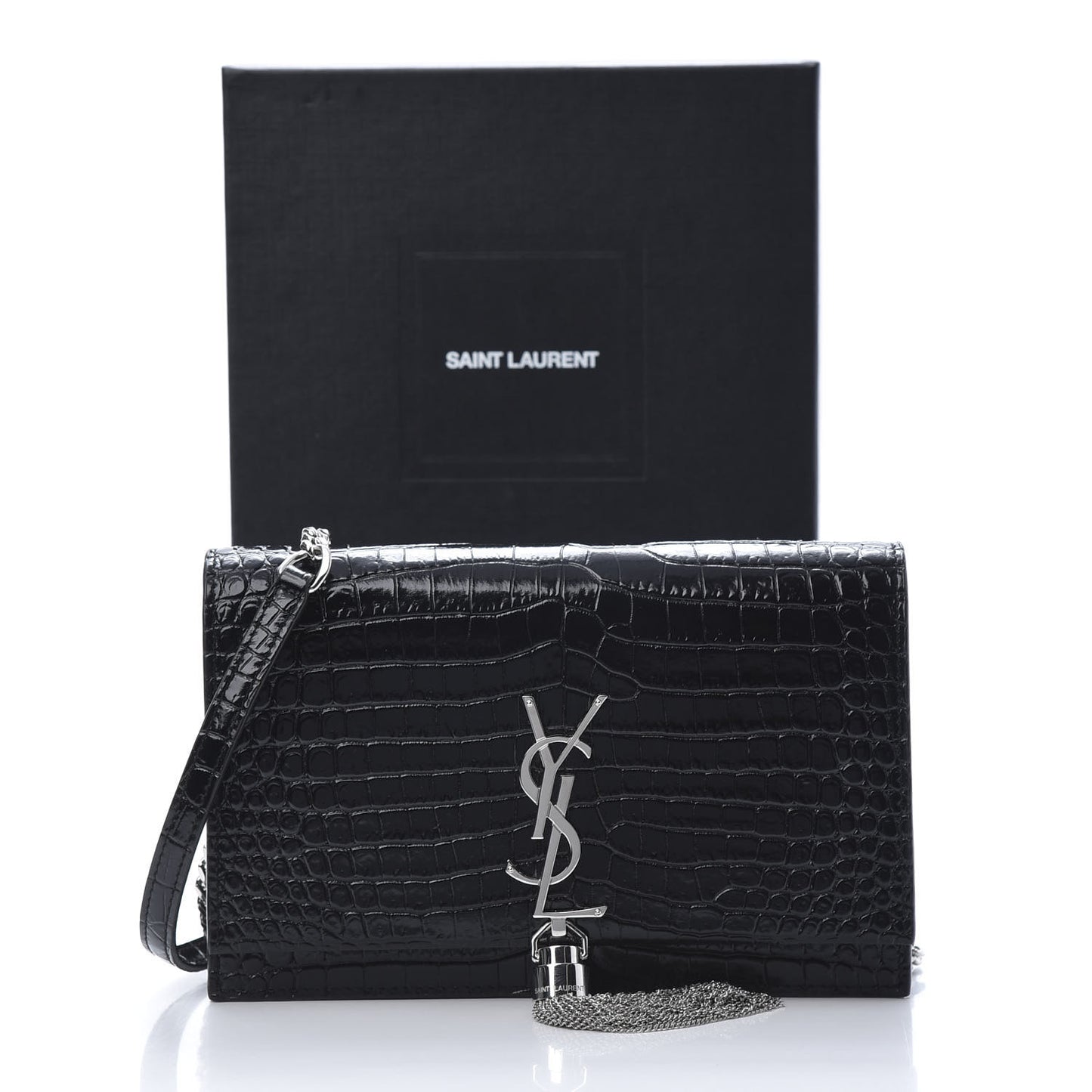 Calfskin Crocodile Embossed Kate Monogram Tassel Chain Wallet Black