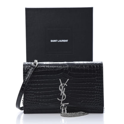 Saint Laurent Calfskin Crocodile Embossed Kate Monogram Tassel Chain Wallet Black 12 of 12