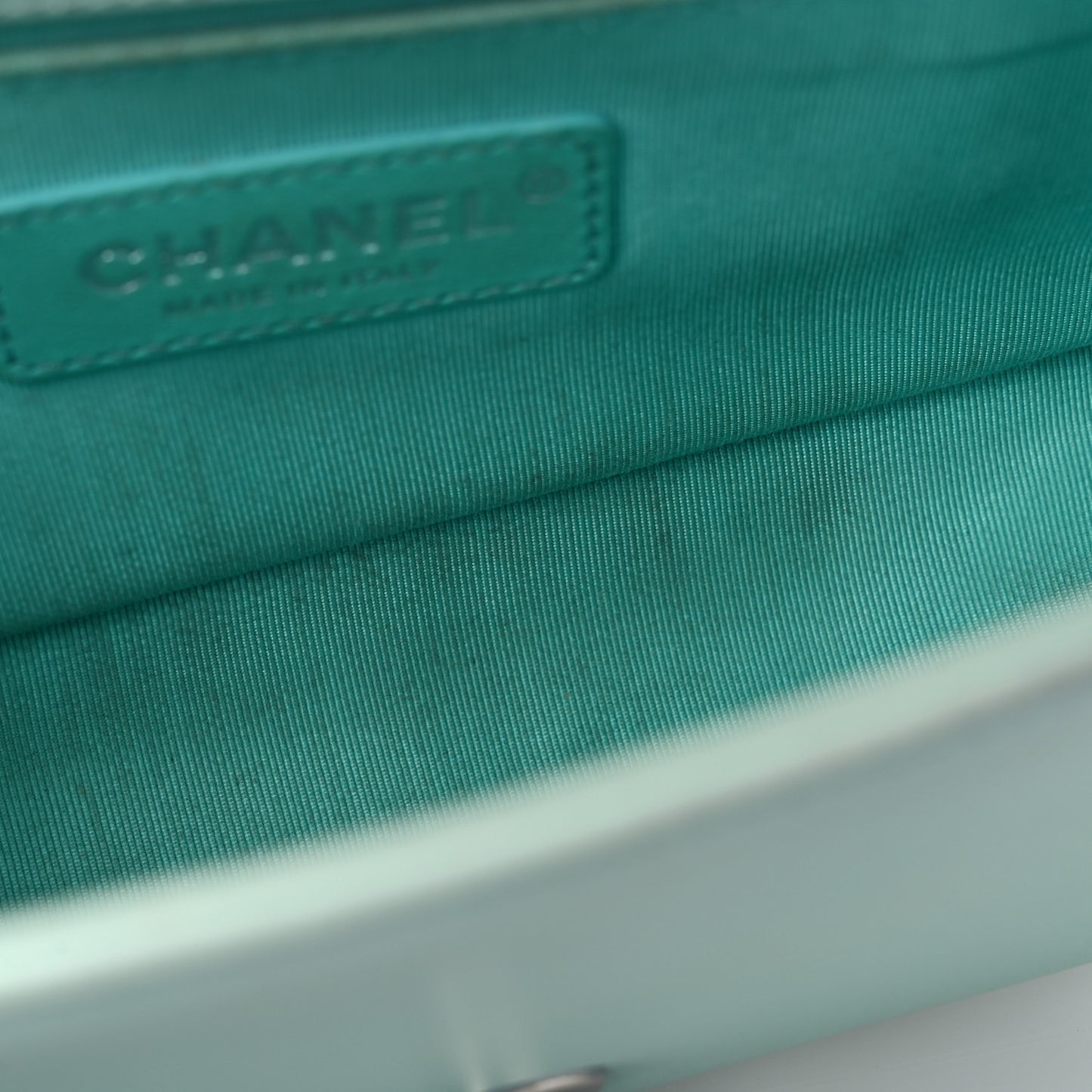 Iridescent Lambskin Chevron Quilted Small Boy Flap Turquoise
