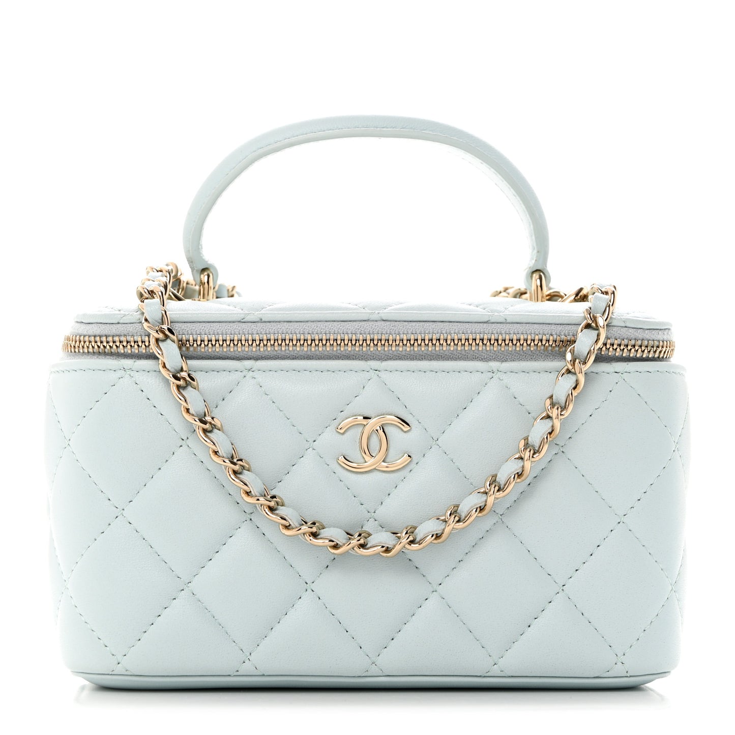 Lambskin Quilted Small Top Handle Vanity Case With Chain Light Blue