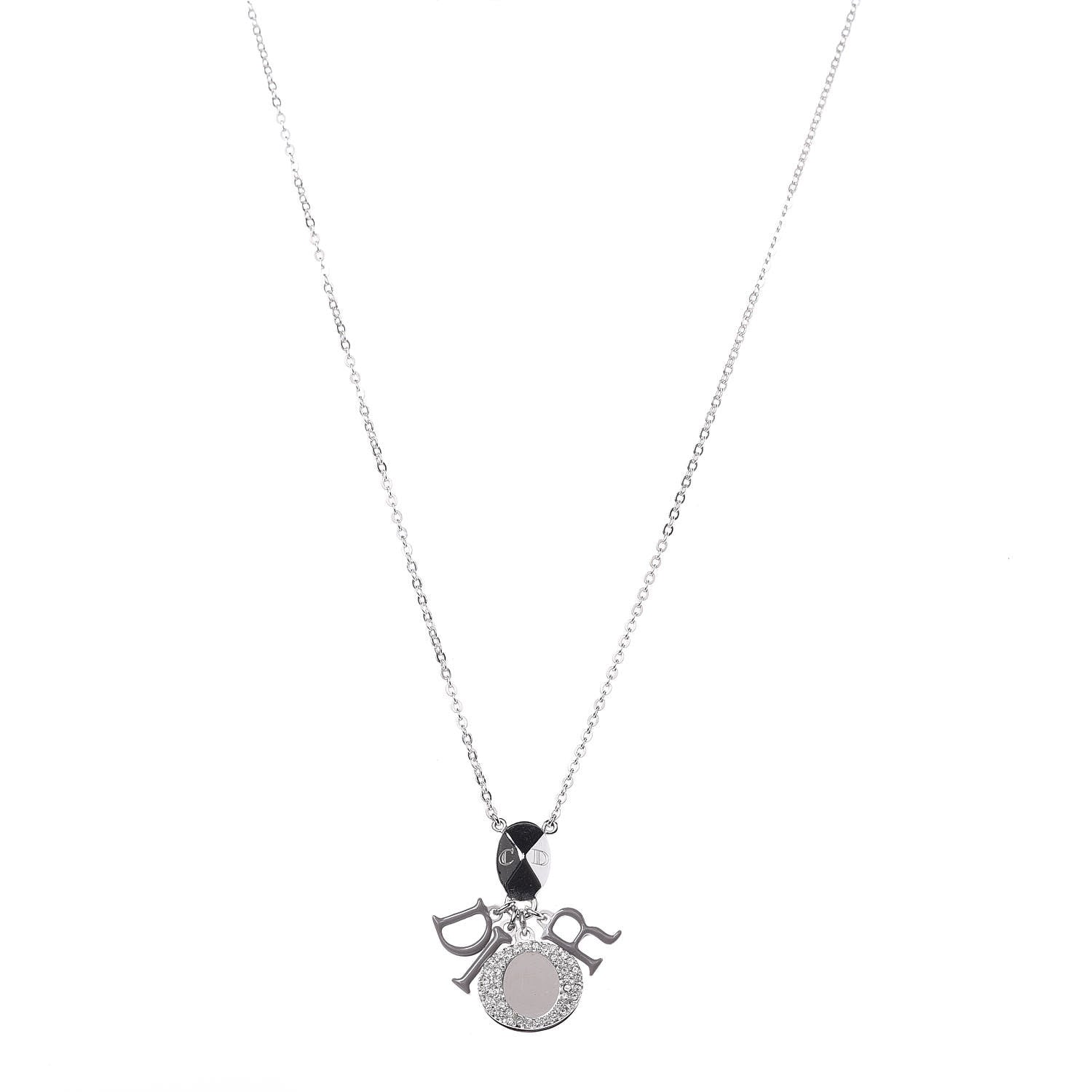 Christian Dior Metal Crystal Logo Necklace Silver 1 of 6
