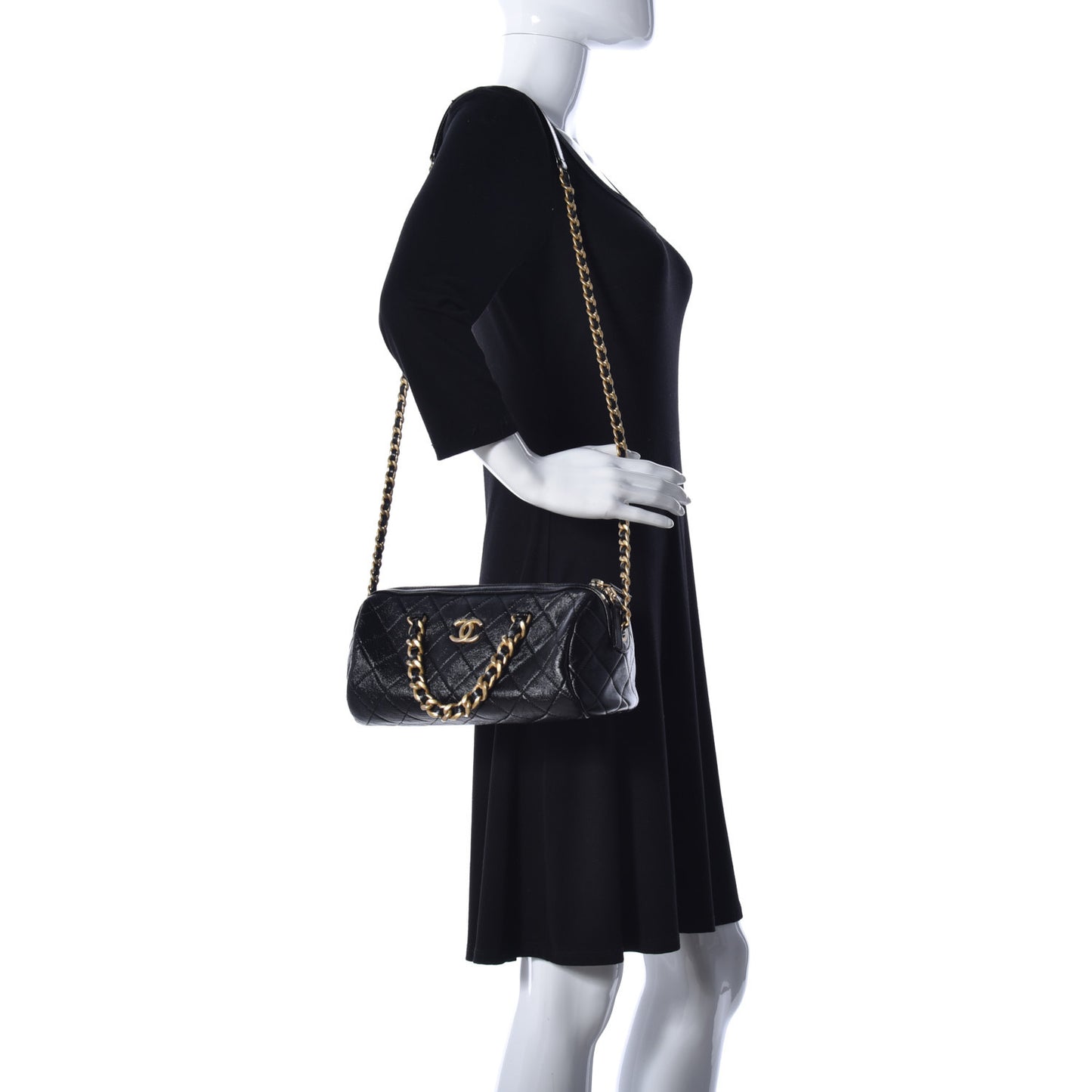 Shiny Lambskin Quilted Fashion Therapy Bowling Bag Black