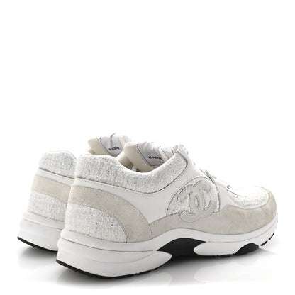 Chanel Painted Iridescent Cotton Tweed Suede Womens CC Sneakers 41 White Silver Multicolor 5 of 10
