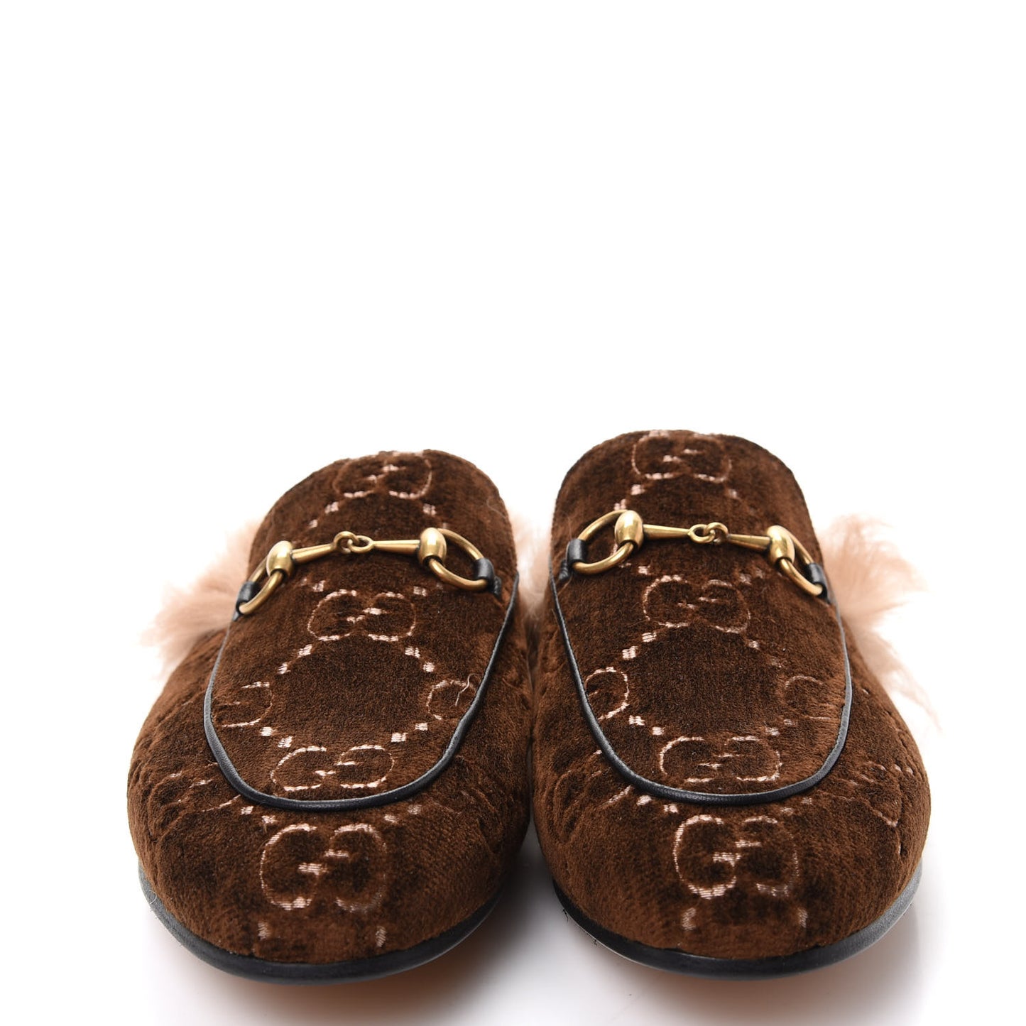 Velvet GG Monogram Fur Womens Princetown Slippers 37 Brown Black Natural