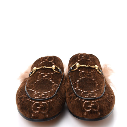 Gucci Velvet GG Monogram Fur Womens Princetown Slippers 37 Brown Black Natural 2 of 9