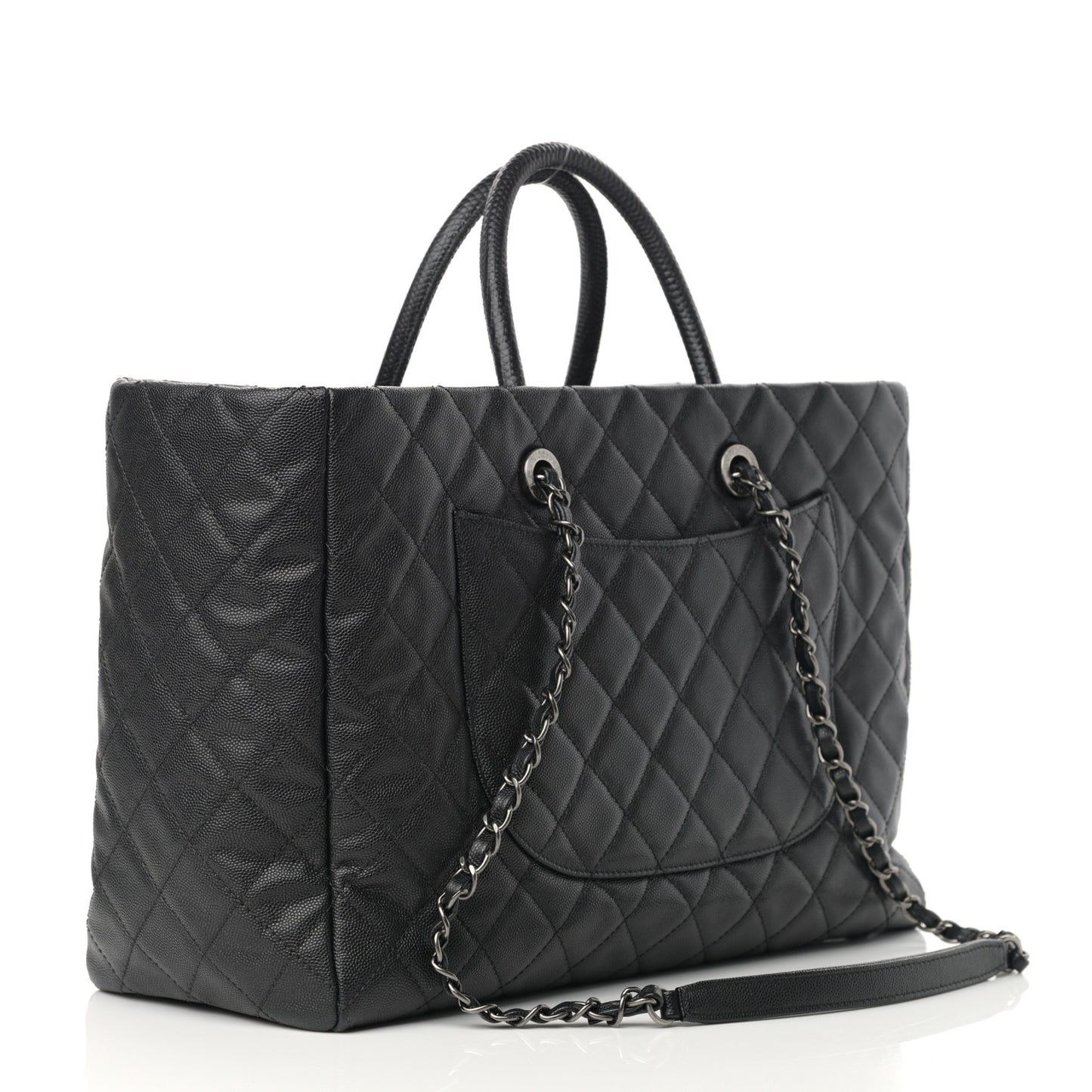 Caviar Lizard Quilted Large Coco Handle Shopping Tote Black