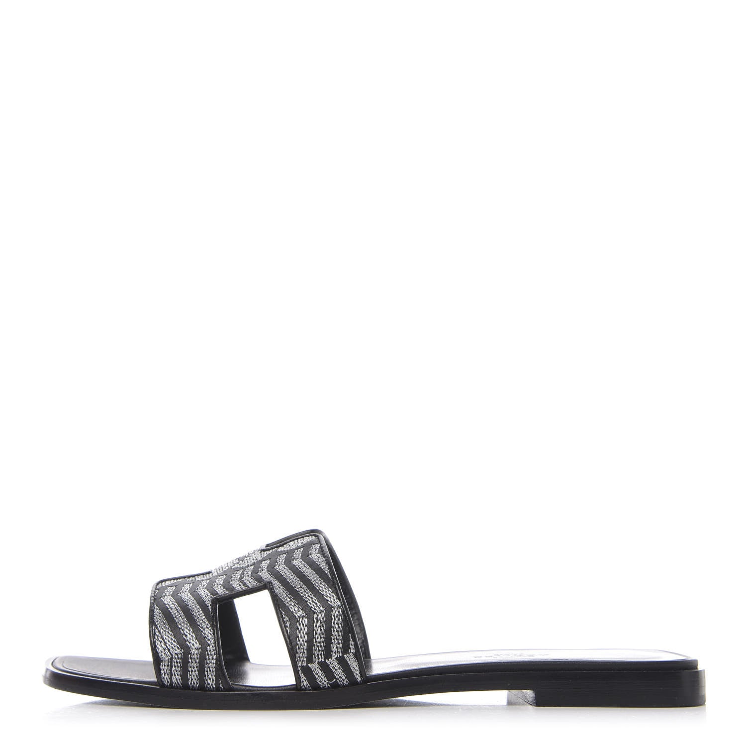 Hermes Calfskin Embroidered Oran Sandals 38.5 Black Gris Argente 1 of 8