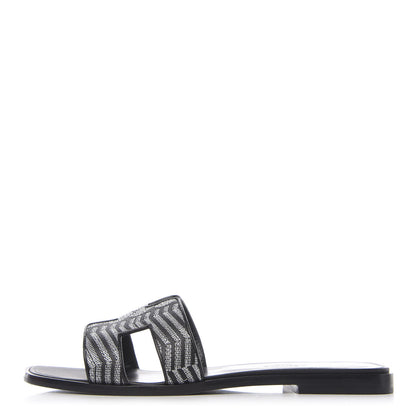 Hermes Calfskin Embroidered Oran Sandals 38.5 Black Gris Argente 1 of 8