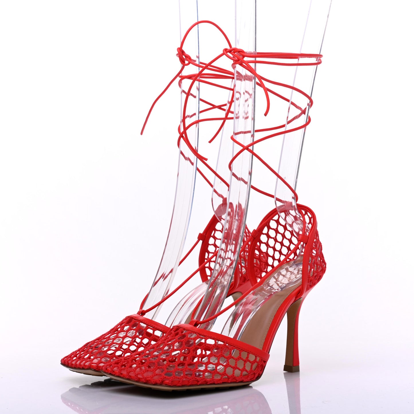 Mesh Nappa Stretch Ankle Tie Sandals 39 Tomato