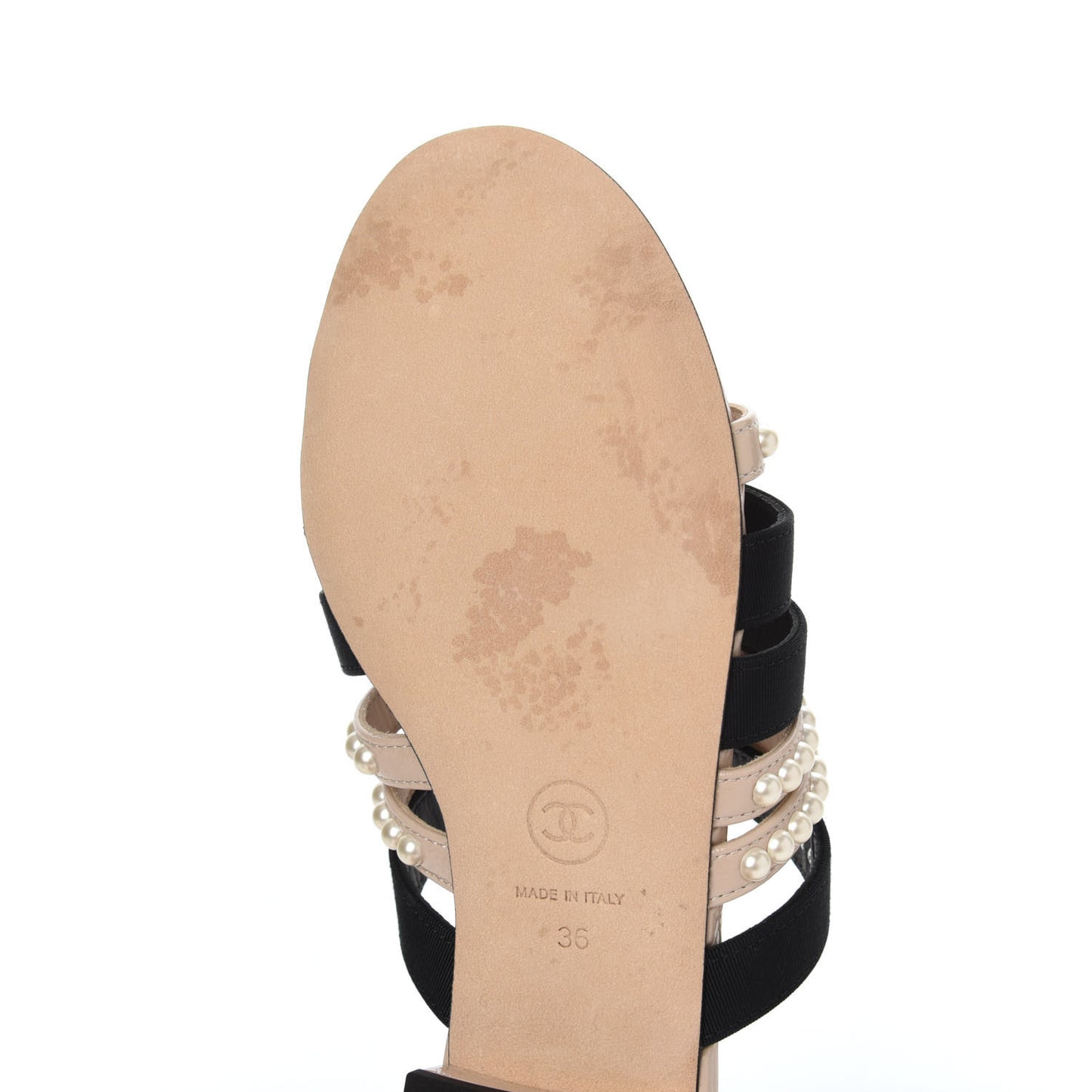 Patent Calfskin Grosgrain CC Pearl Mules 36 Beige Black