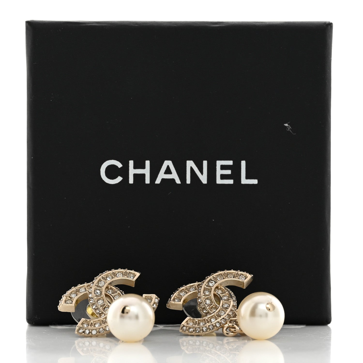 Chanel Crystal Timeless CC Pearl Drop Earrings Light Gold 5 of 5