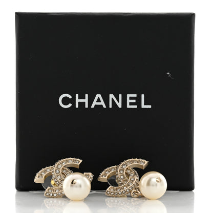 Chanel Crystal Timeless CC Pearl Drop Earrings Light Gold 5 of 5