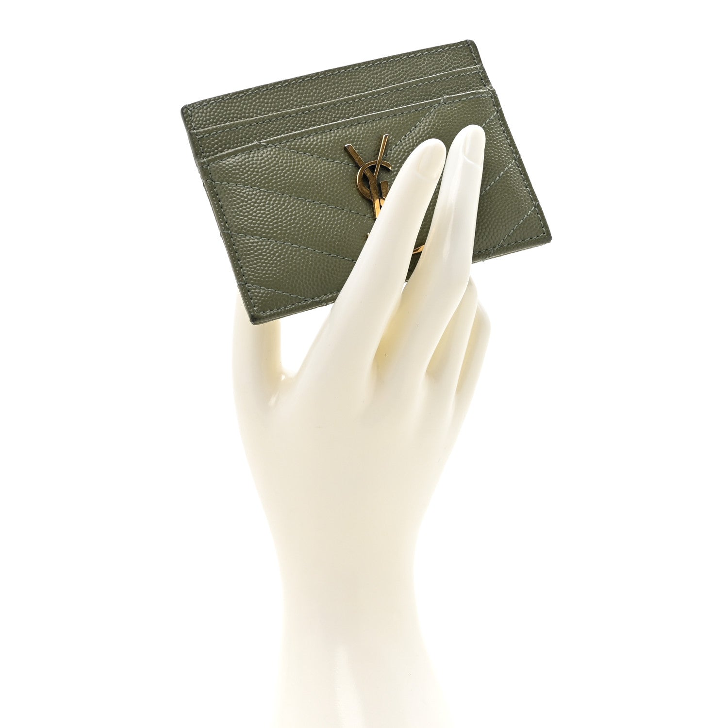 Saint Laurent Grain De Poudre Matelasse Chevron Monogram Credit Card Case Light Sage 2 of 12