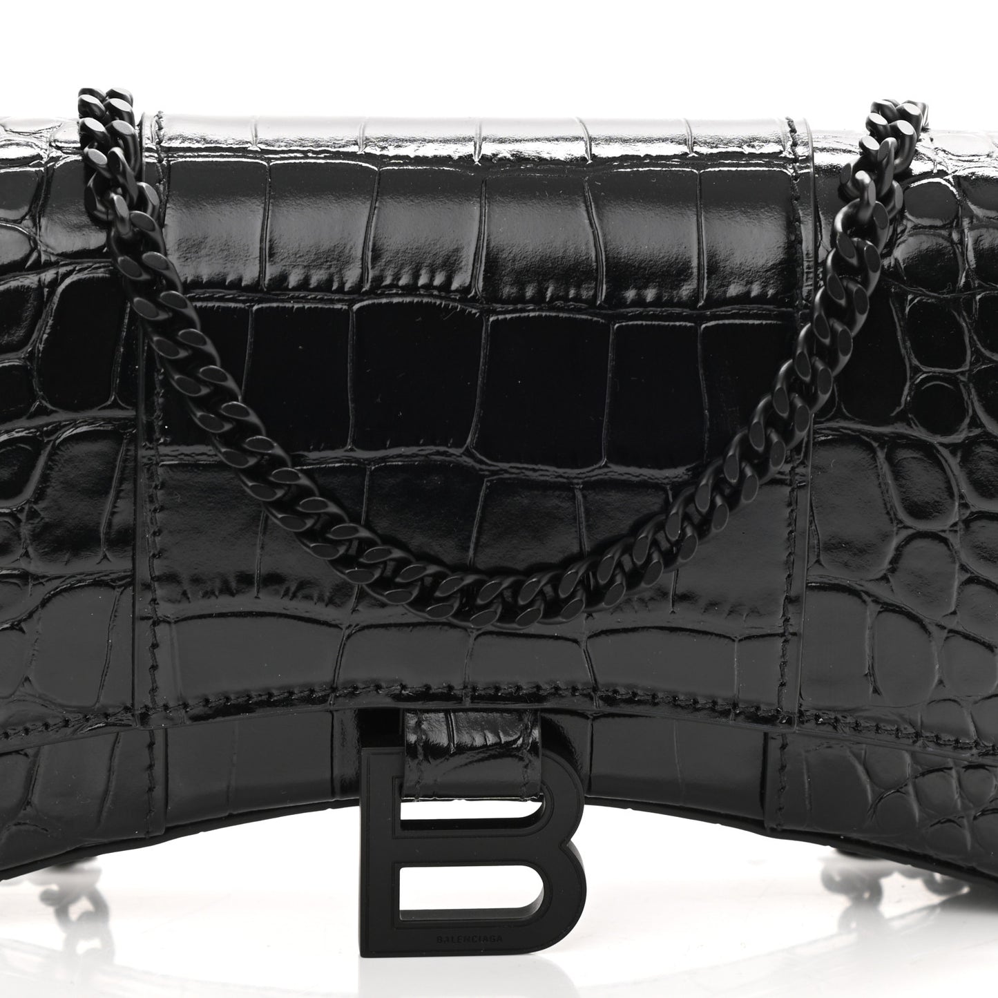 Shiny Calfskin Monochrome Crocodile Embossed Hourglass Chain Bag Black