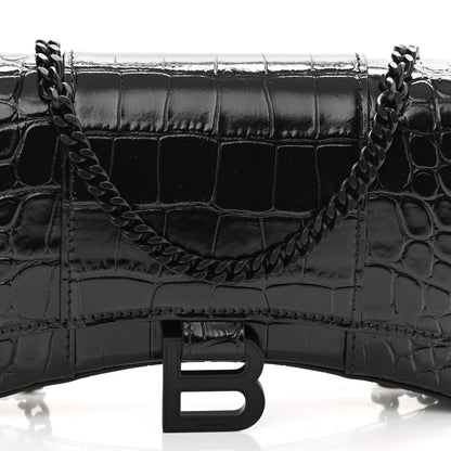 Balenciaga Shiny Calfskin Monochrome Crocodile Embossed Hourglass Chain Bag Black 6 of 8