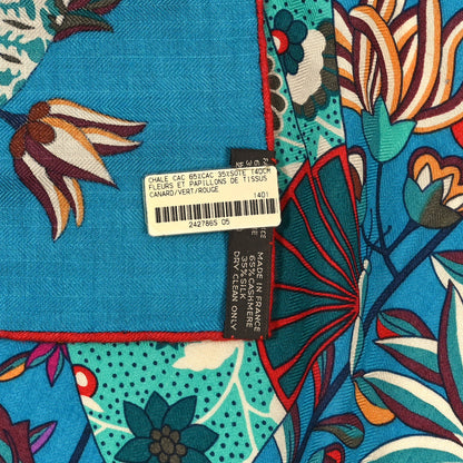 Hermes Cashmere Silk Fleurs et Papillons de Tissus Shawl 140 Canard Vert Rouge 3 of 3