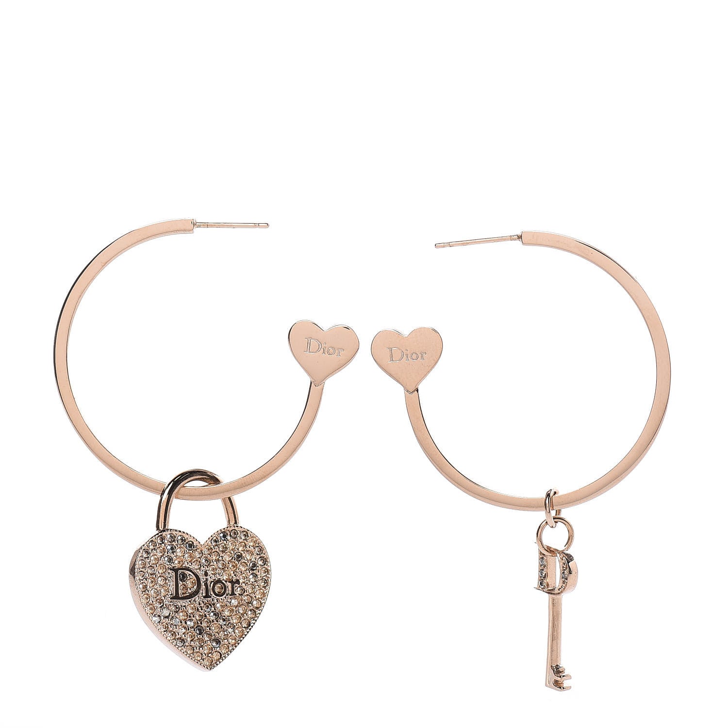 Christian Dior Crystal Heart Key Hoop Earrings Gold 2 of 4