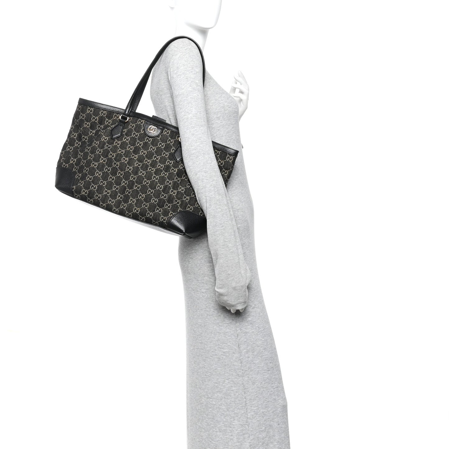 Jacquard Black Denim GG Monogram Medium Ophidia Shopping Tote Black Ivory