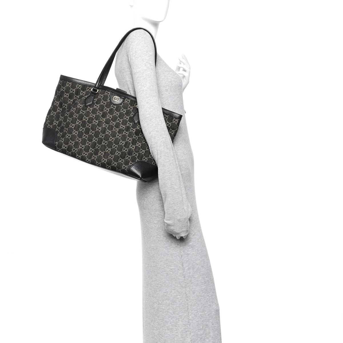 Gucci Jacquard Black Denim GG Monogram Medium Ophidia Shopping Tote Black Ivory 2 of 10