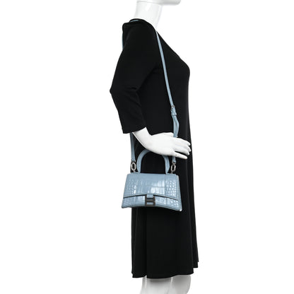 Balenciaga Shiny Calfskin Crocodile Embossed Hourglass Top Handle Bag XS Blue Grey 2 of 15