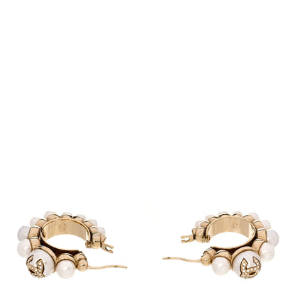 Chanel Crystal Pearl CC Hoop Earrings Gold White 3 of 4