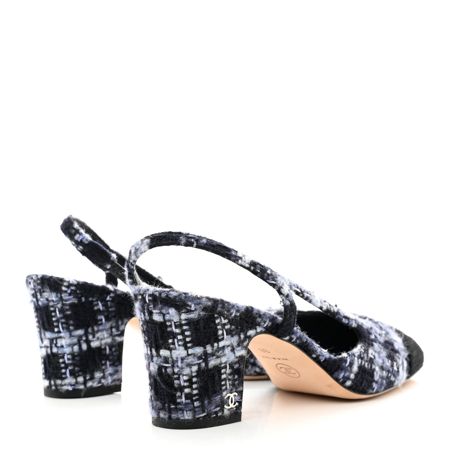 Tweed Cap Toe CC Slingback Pumps 38 Navy Blue Black