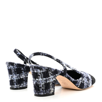Chanel Tweed Cap Toe CC Slingback Pumps 38 Navy Blue Black 4 of 8