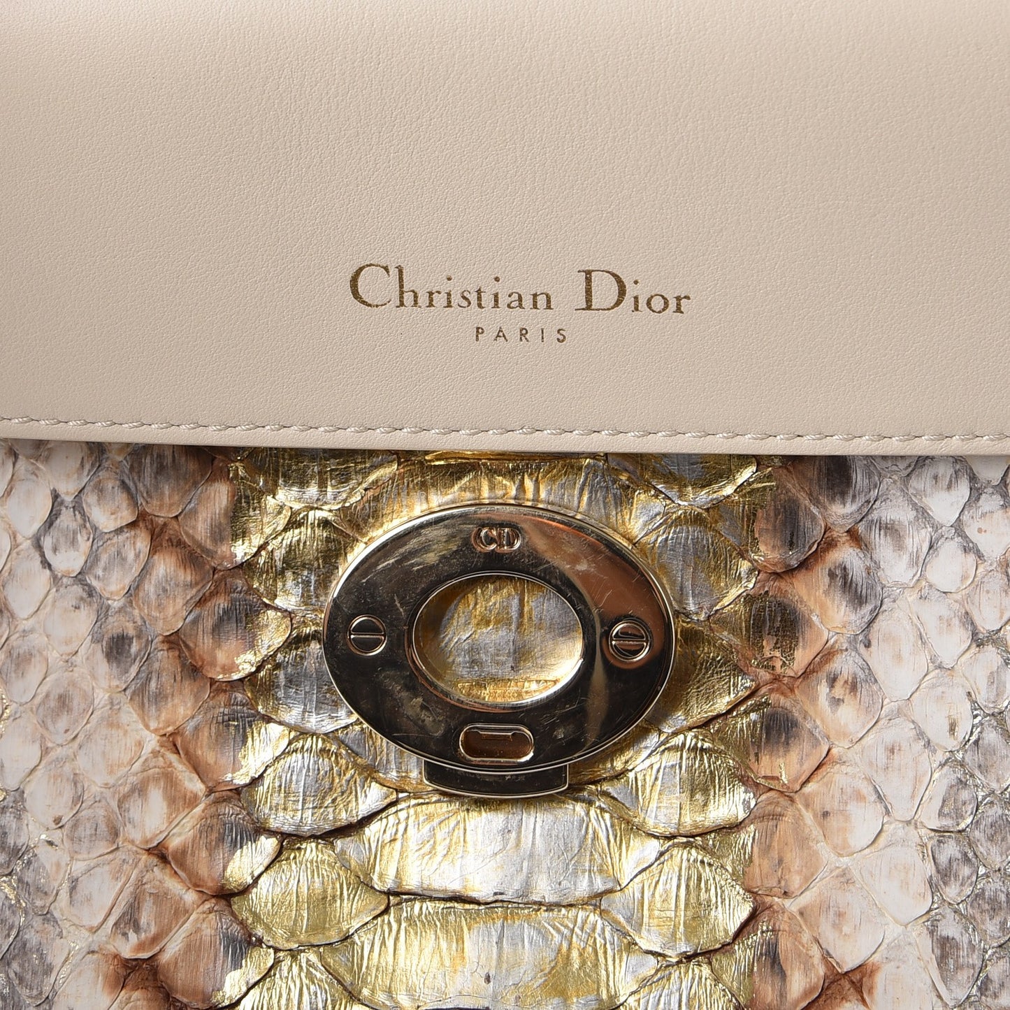 Metallic Python Small Be Dior Flap Beige Gold