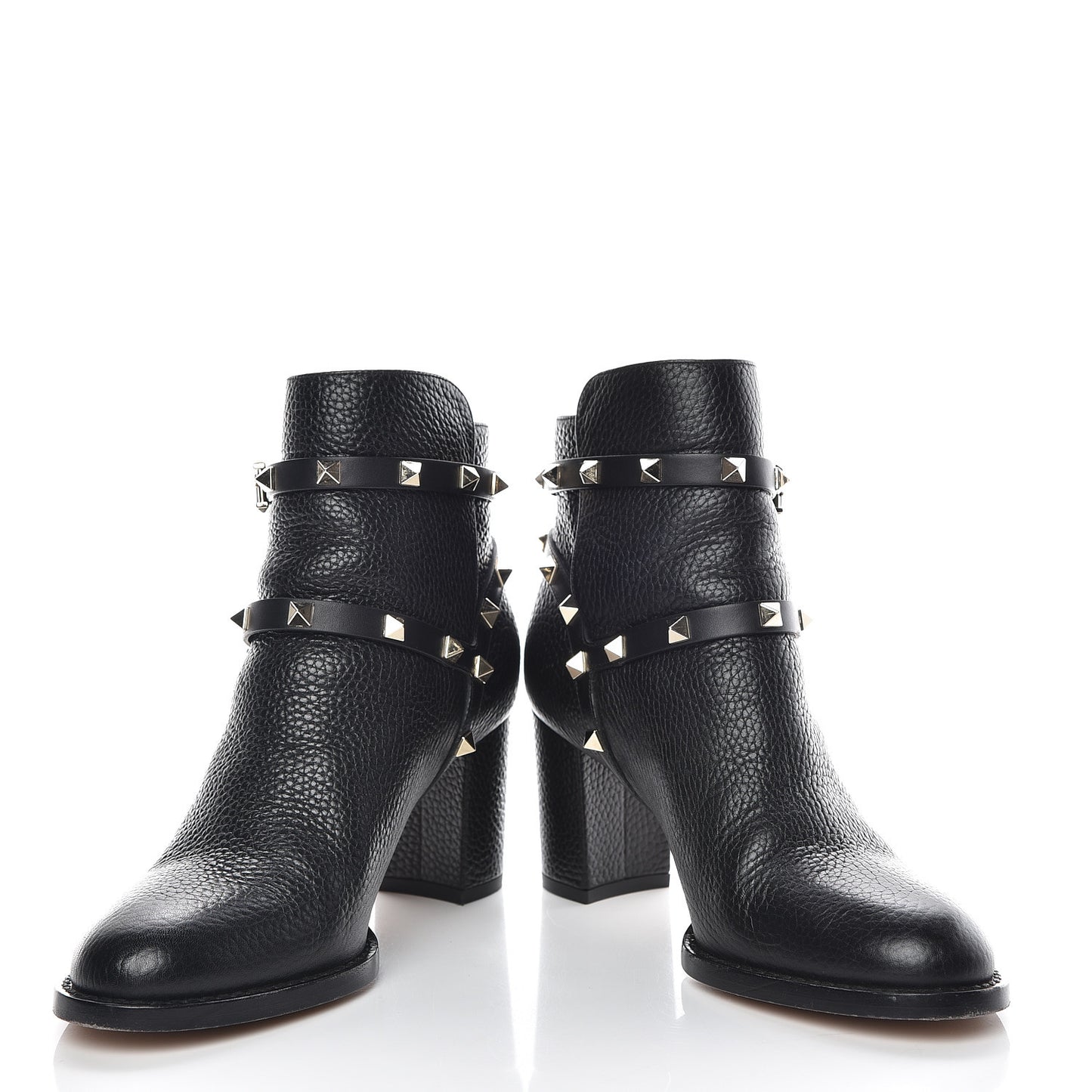 Pebbled Calfskin Rockstud Double Buckle 70mm Block Heel Ankle Boots 36.5 Black