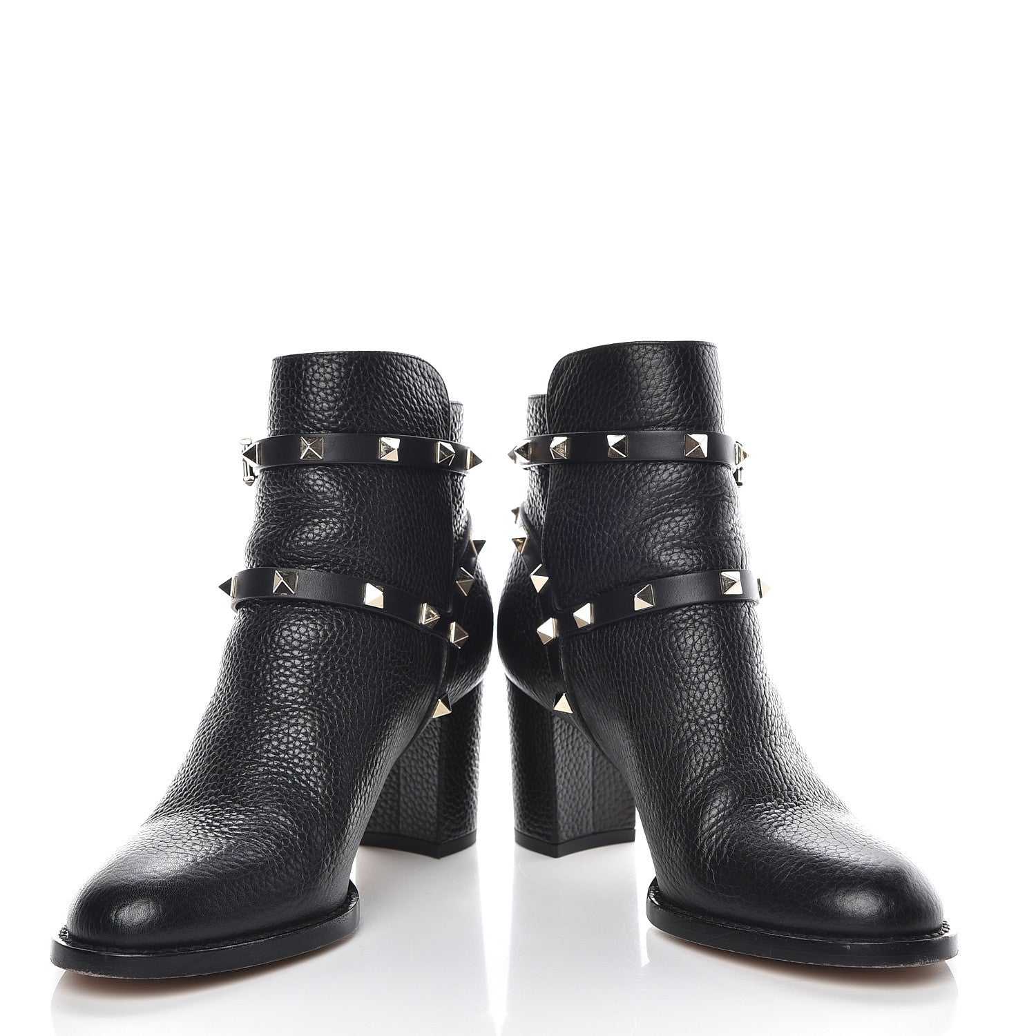 Valentino Garavani Pebbled Calfskin Rockstud Double Buckle 70mm Block Heel Ankle Boots 36.5 Black 5 of 13