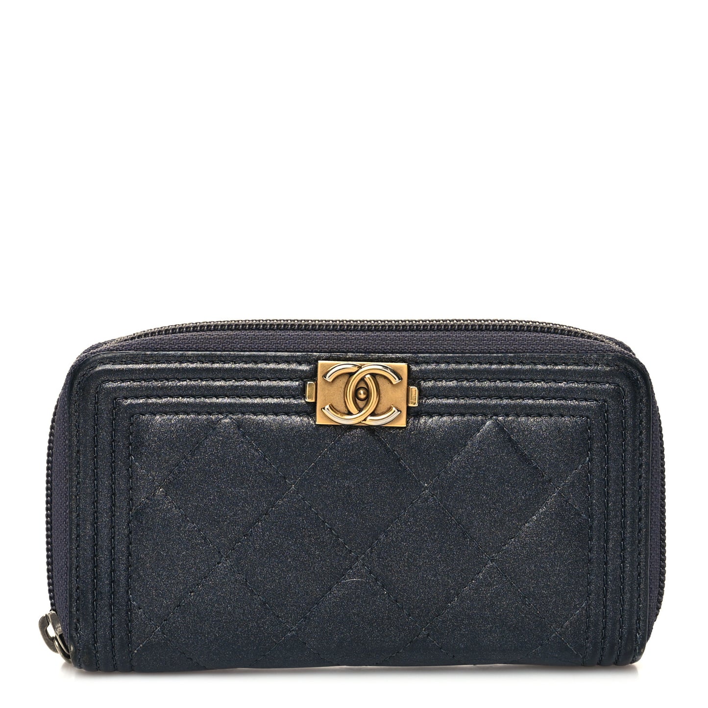 Metallic Calfskin Quilted Small Boy Zip Around Wallet Charcoal