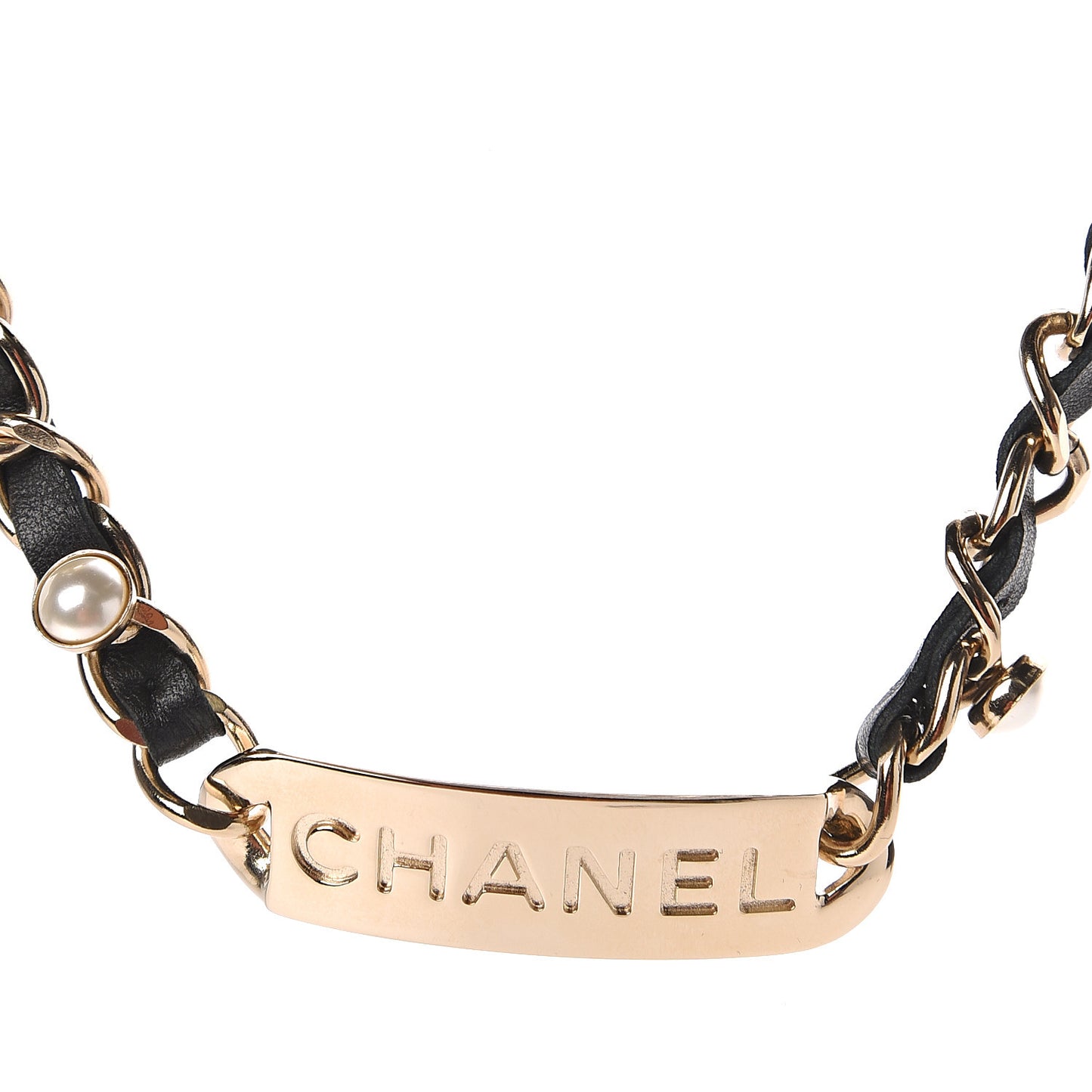 Metal Lambskin Pearl Name Plate Choker Necklace Black Gold