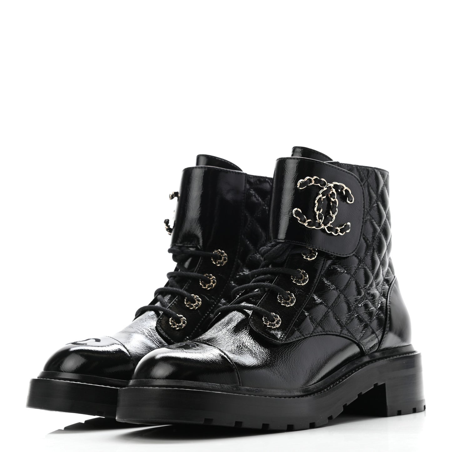 Shiny Calfskin Quilted Lace Up Combat Boots 39 Black