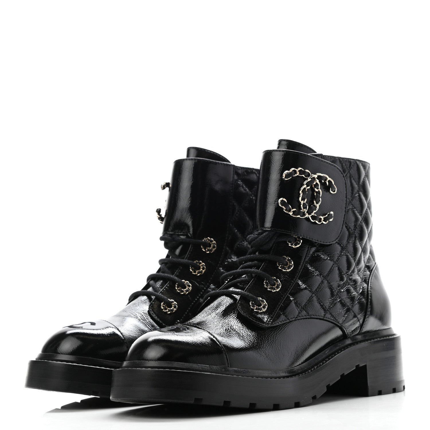 Chanel Shiny Calfskin Quilted Lace Up Combat Boots 39 Black 3 of 12