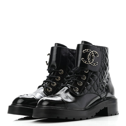 Chanel Shiny Calfskin Quilted Lace Up Combat Boots 39 Black 3 of 12