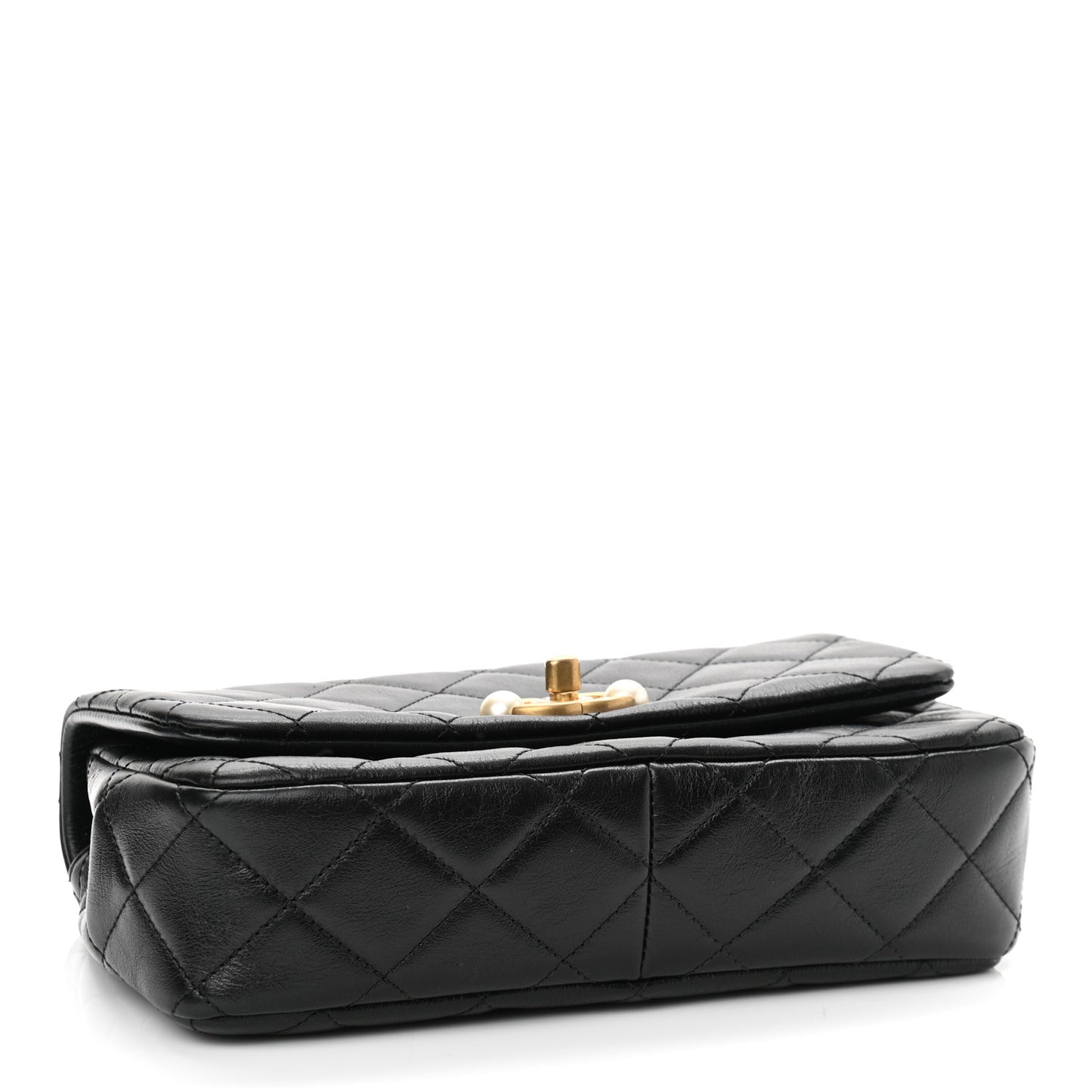 Glazed Calfskin Quilted Pearl Side Flap Black