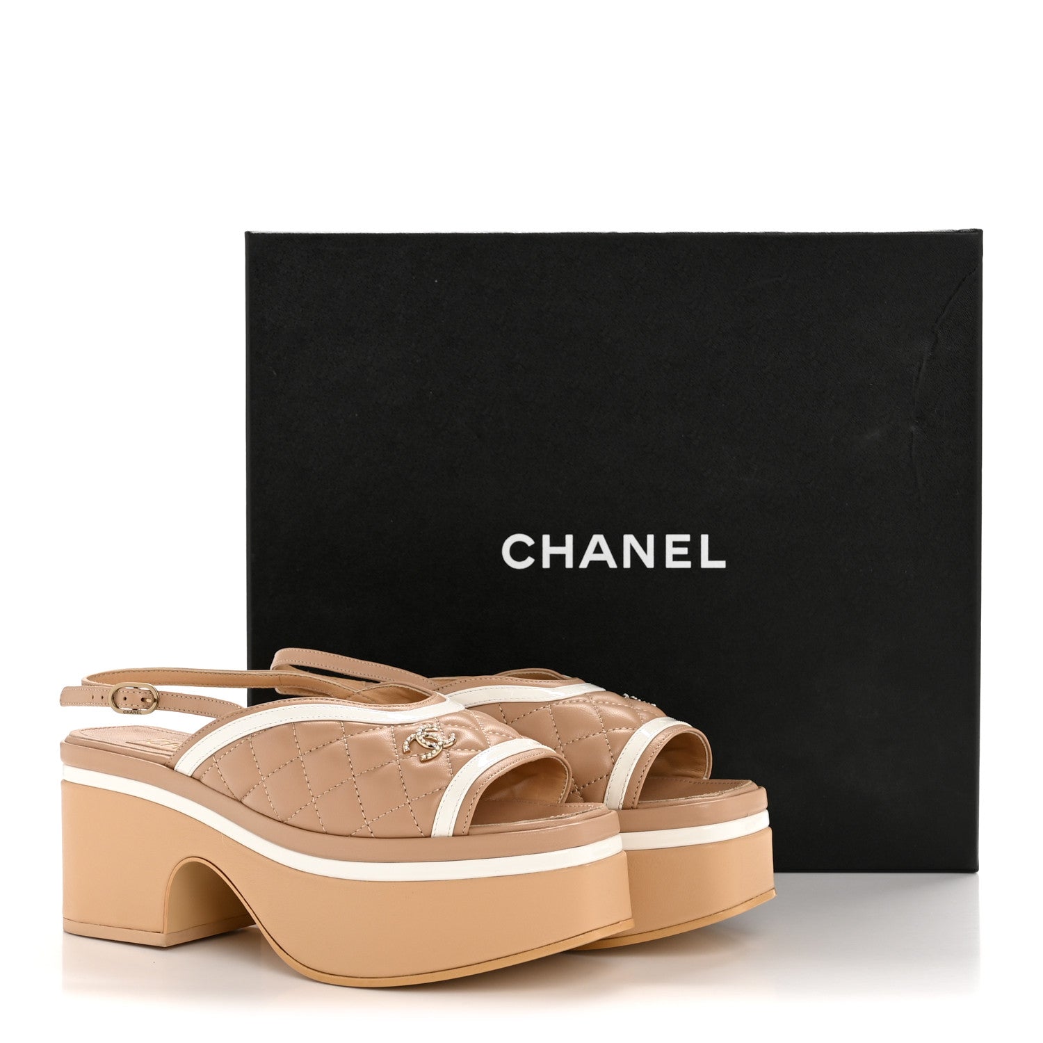 CHANEL ベージュ キルティング ハイヒール Chanel Lambskin Patent Quilted CC Platform Sandals 36 Beige White