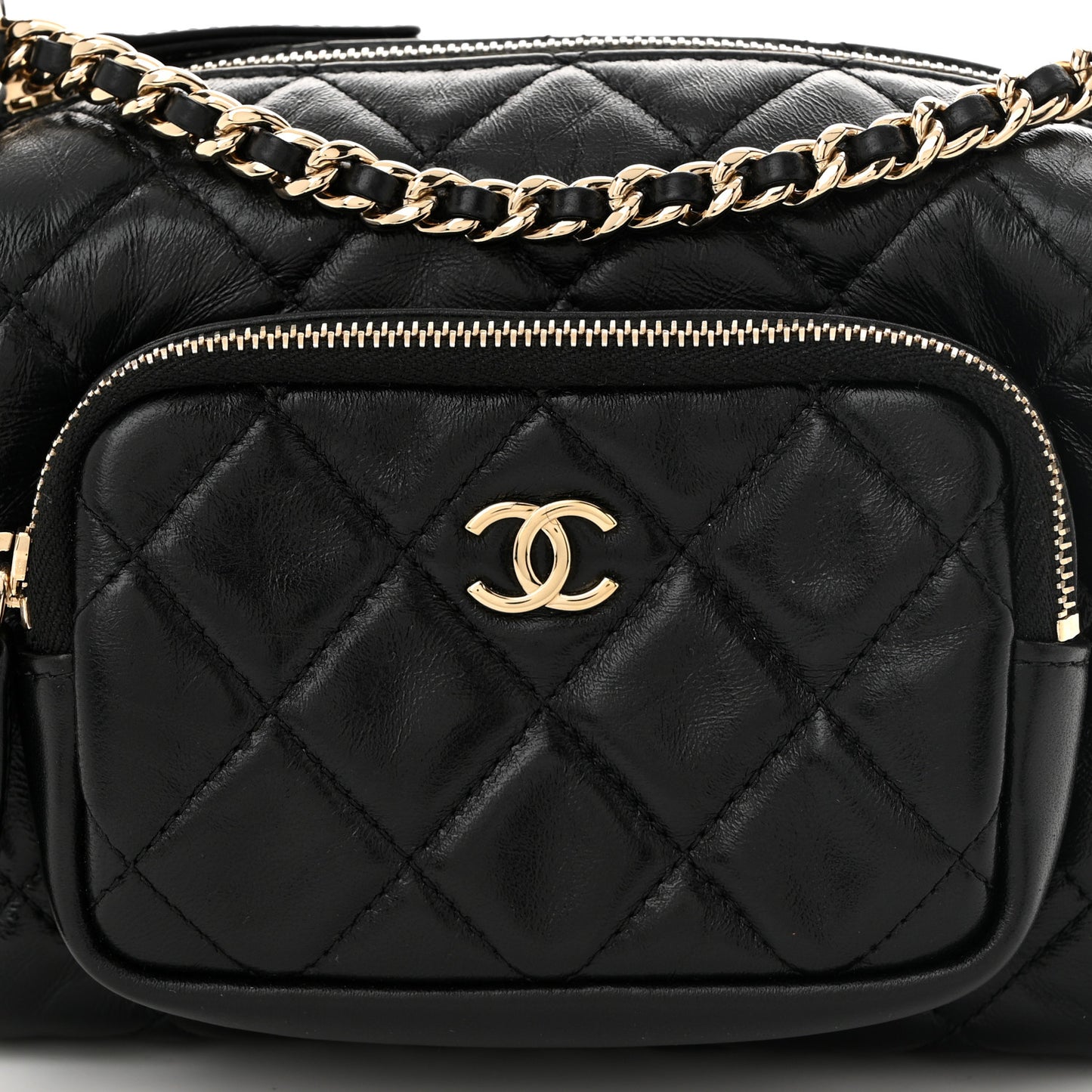 Shiny Crumpled Lambskin Quilted Small Preppy Pocket Camera Case Black