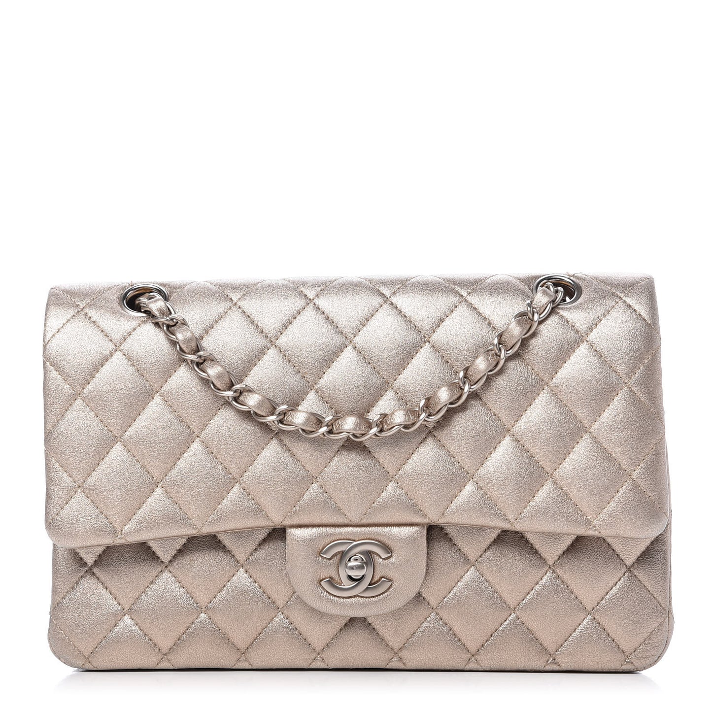 Metallic Lambskin Quilted Medium Double Flap Gold