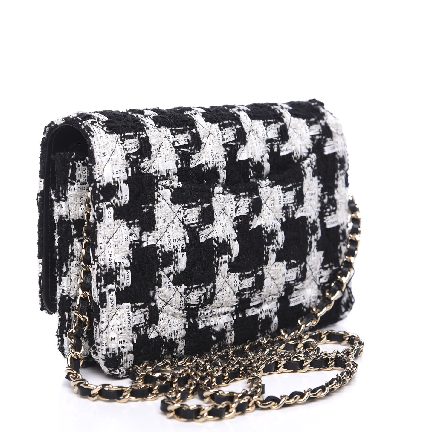 Tweed Quilted Wallet On Chain WOC Black Ecru White
