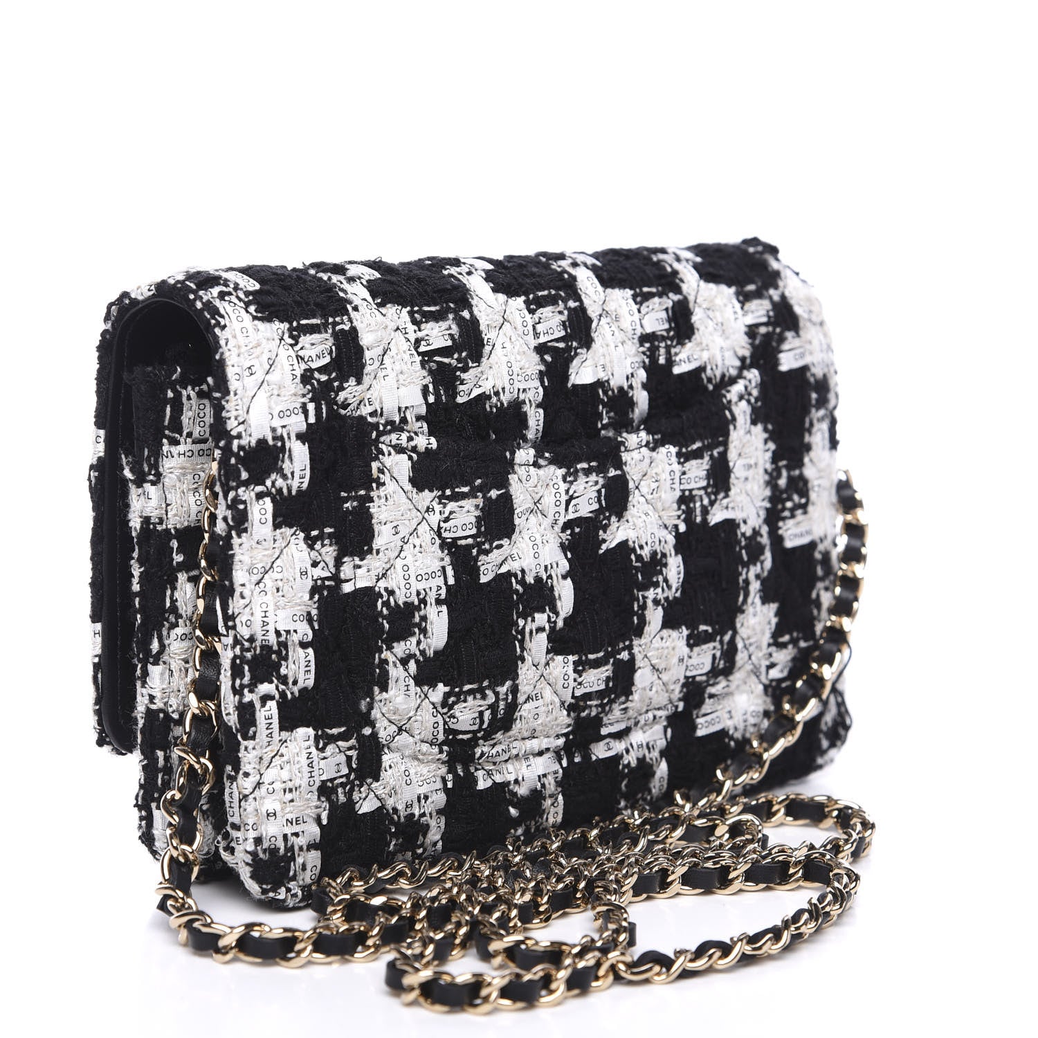 Chanel Tweed Quilted Wallet On Chain WOC Black Ecru White 2 of 11