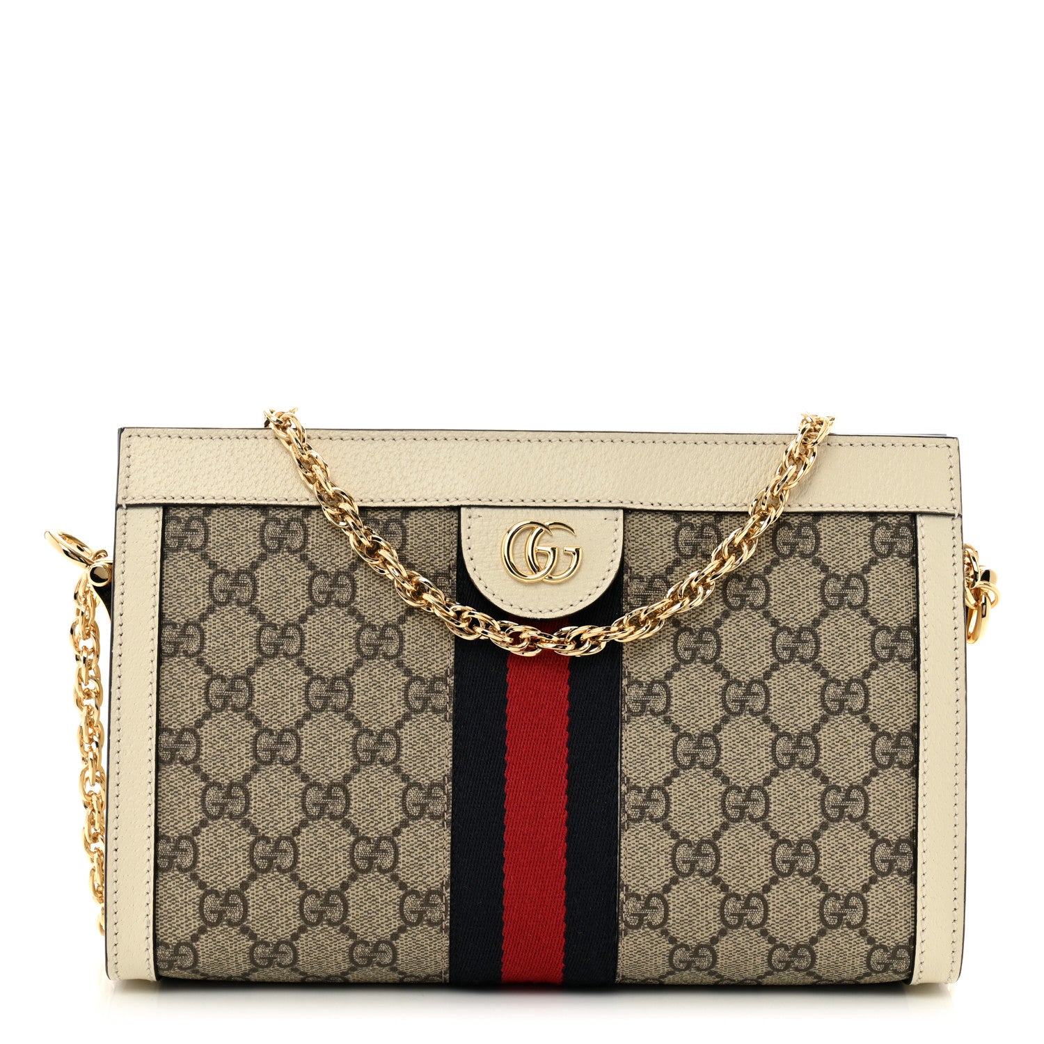 Gucci GG Supreme Monogram Textured Calfskin Web Small Ophidia Chain Shoulder Bag Beige Ebony Mystic White 1 of 11