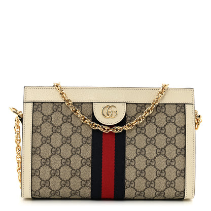 Gucci GG Supreme Monogram Textured Calfskin Web Small Ophidia Chain Shoulder Bag Beige Ebony Mystic White 1 of 11