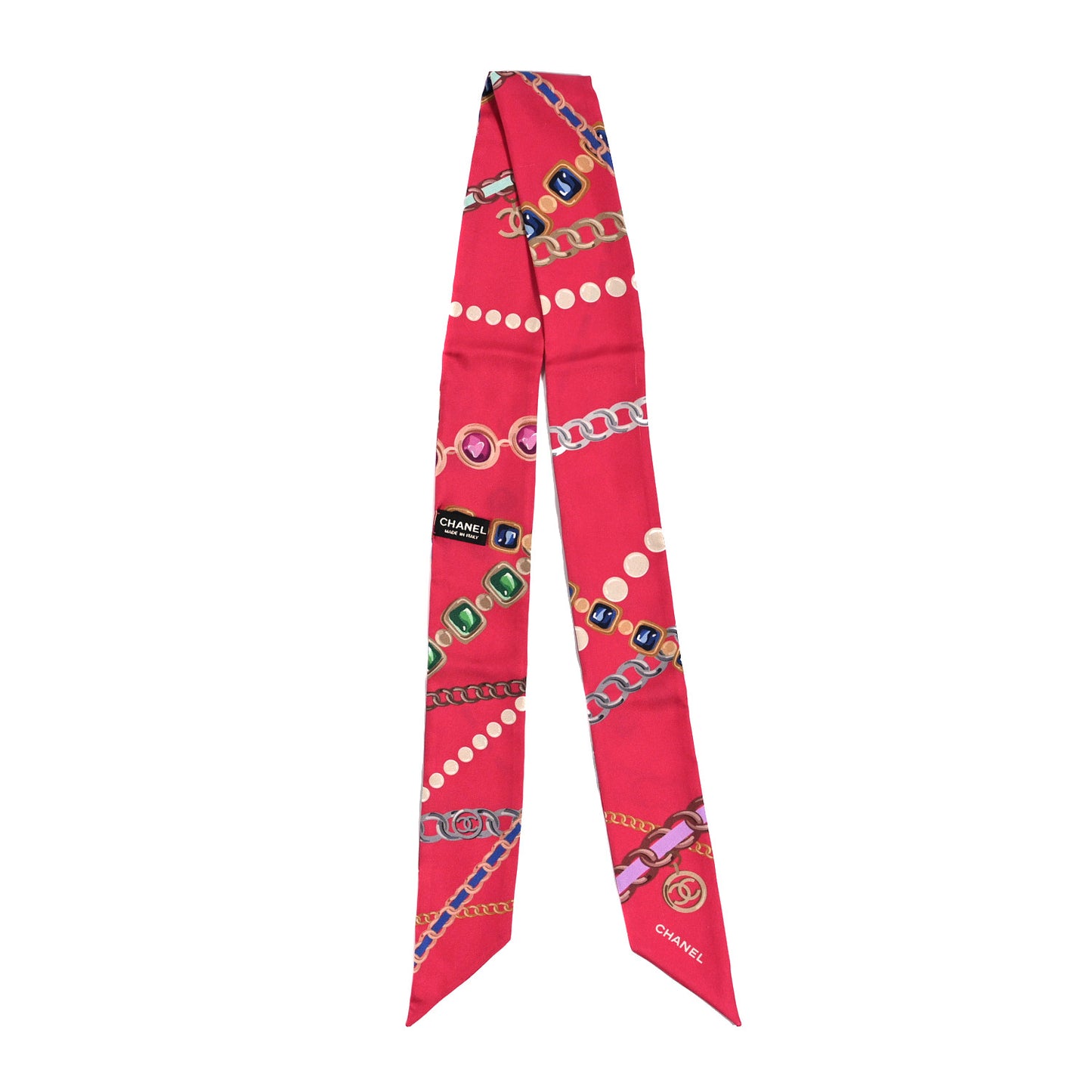 Silk Pearl CC Chain Slim Bandeau Scarf Red