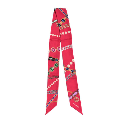 Chanel Silk Pearl CC Chain Slim Bandeau Scarf Red 2 of 4
