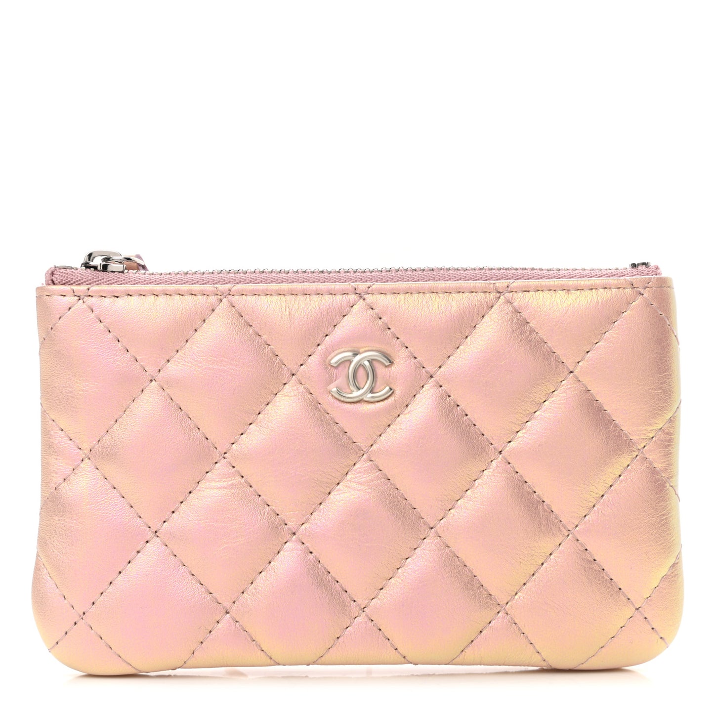 Iridescent Calfskin Quilted Small Cosmetic Case Pink