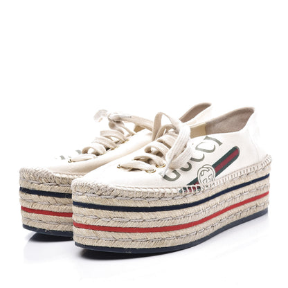 Gucci Canvas Logo Lace-Up Platform Espadrilles 36 Greggio Grege 2 of 11